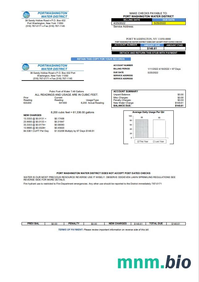 USA New York Port Washington Water District rachunek za media szablon w formacie Word i PDF